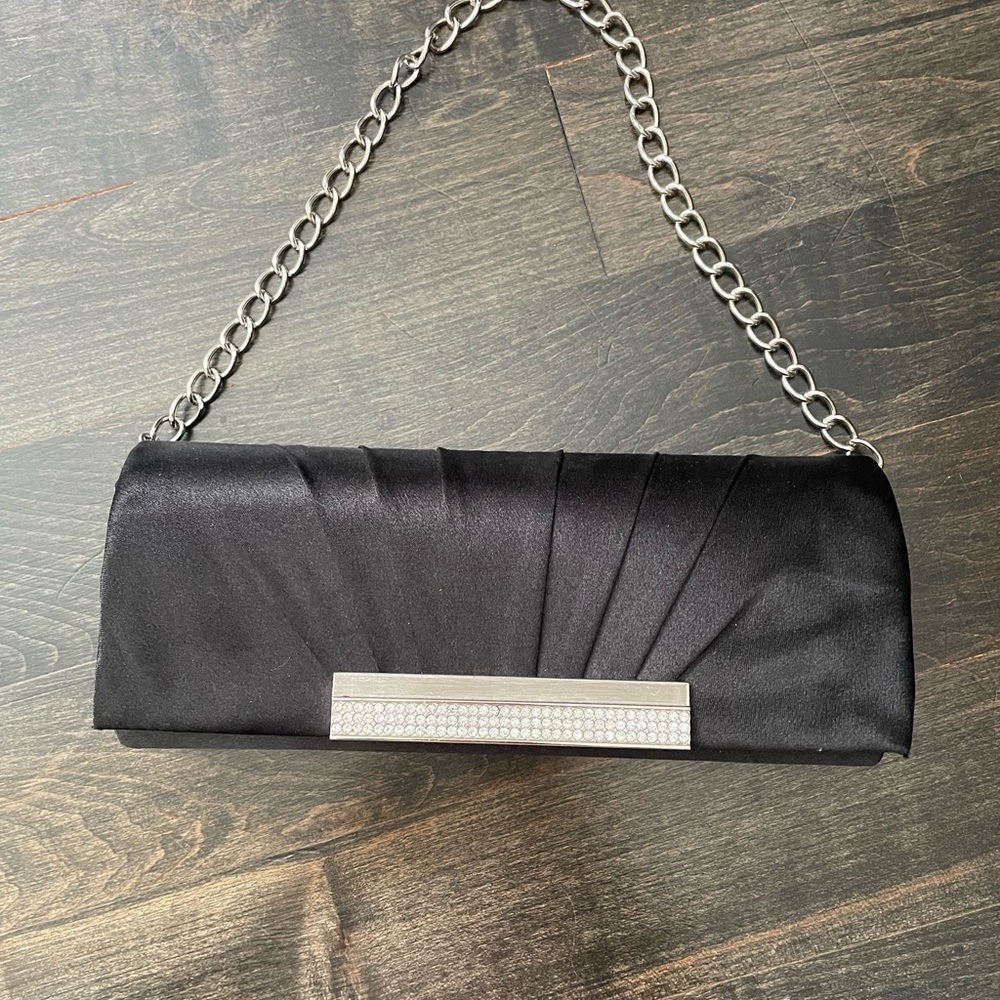 Black Satin Evening Clutch with Rhinestone Accent